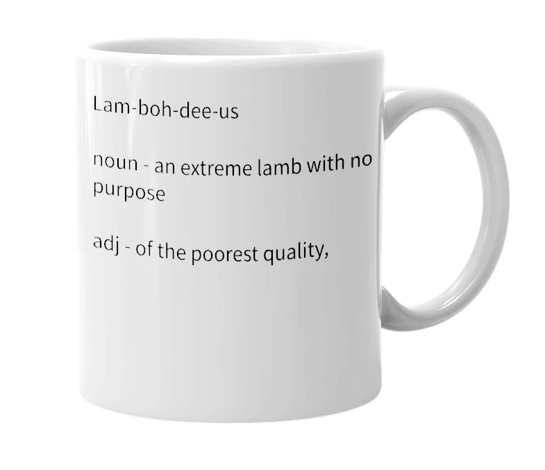 White mug with the definition of 'Lambodias'