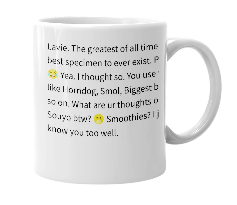 White mug with the definition of 'lavie'