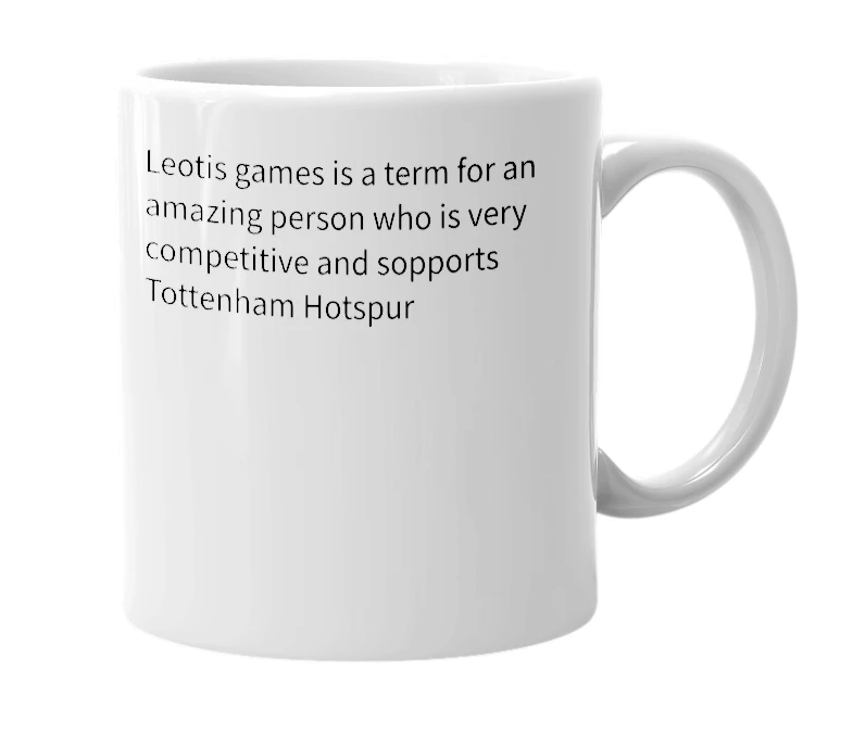 White mug with the definition of 'leotis games'