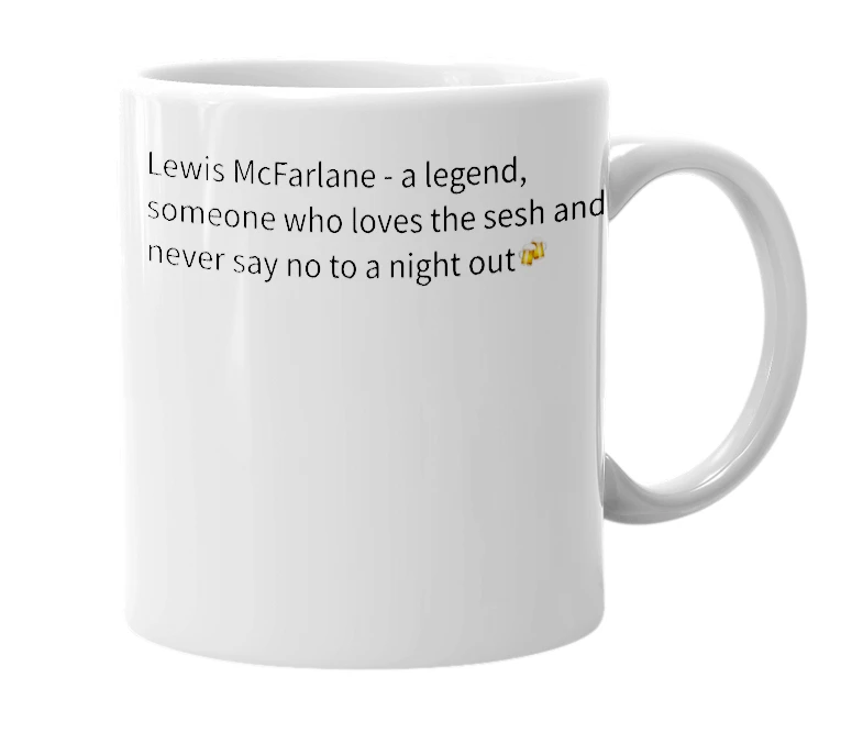 White mug with the definition of 'Lewis McFarlane'