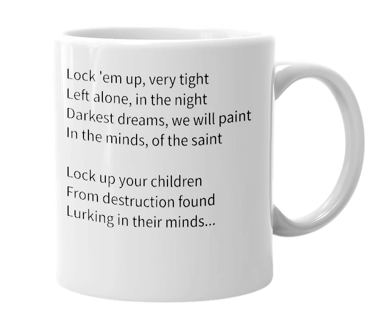 White mug with the definition of 'Lock Up Your Children'