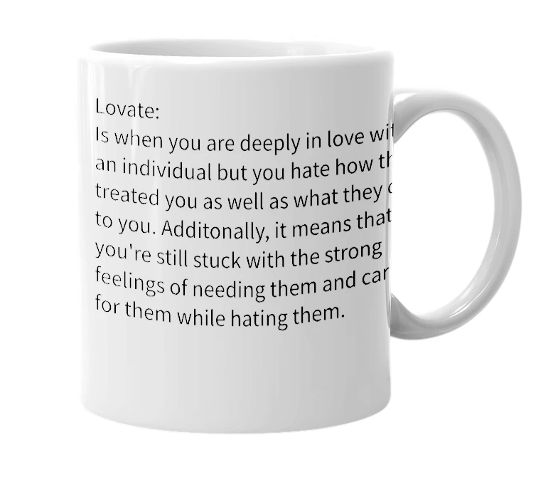 White mug with the definition of 'Lovate'