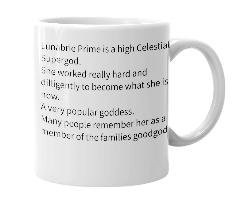 White mug with the definition of 'Lunabrie Prime'