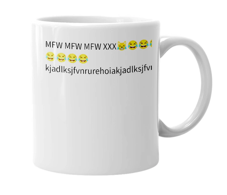 White mug with the definition of 'kjadlksjfvnrurehoia'