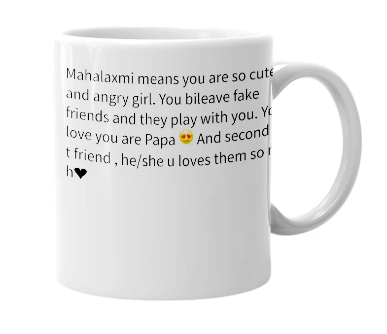 White mug with the definition of 'mahalaxmi'