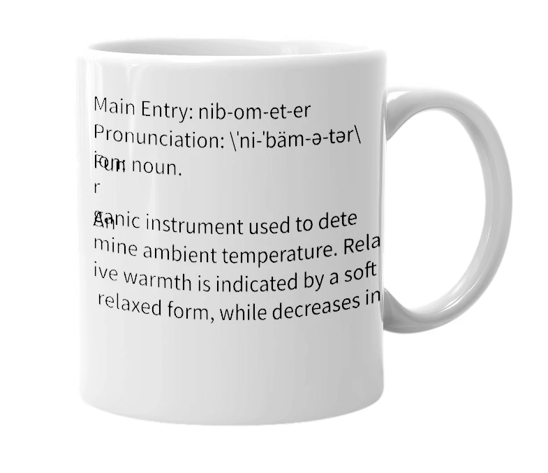 White mug with the definition of 'Nibometer'
