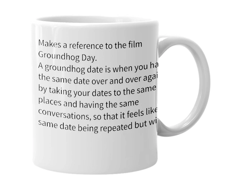 White mug with the definition of 'Groundhog date'