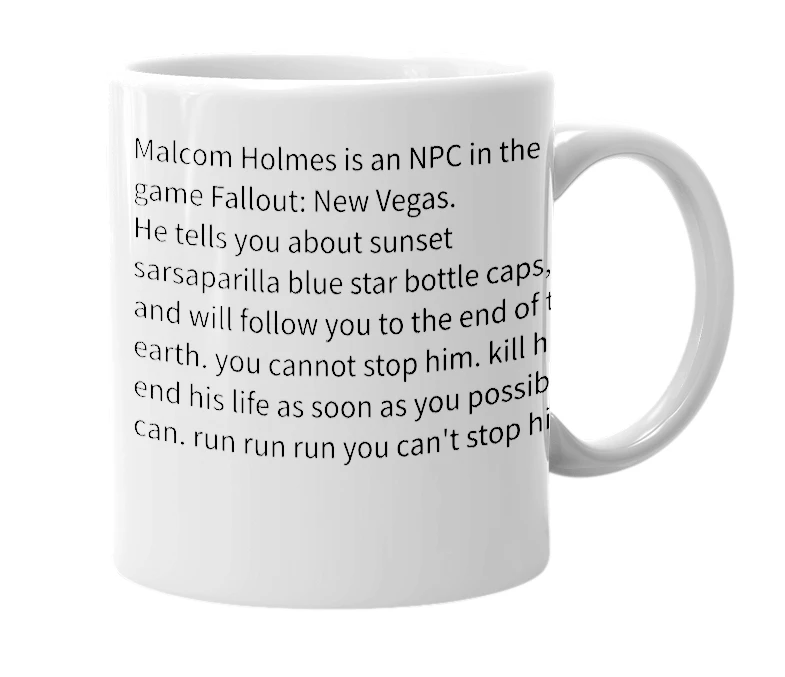 White mug with the definition of 'malcom holmes'