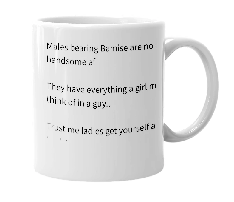 White mug with the definition of 'Bamise'