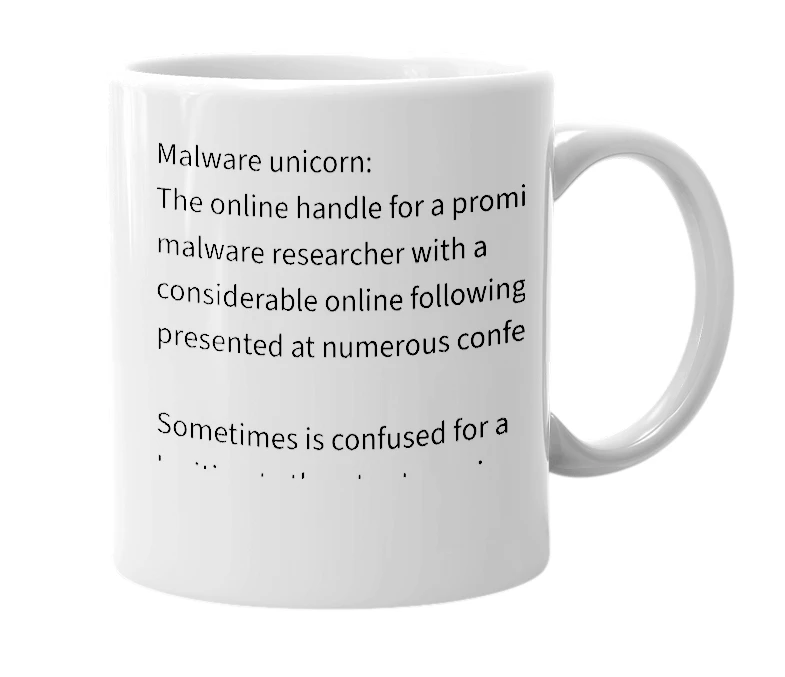 White mug with the definition of 'malware unicorn'