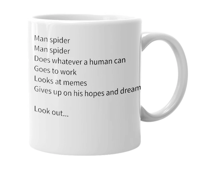 White mug with the definition of 'Man Spider'