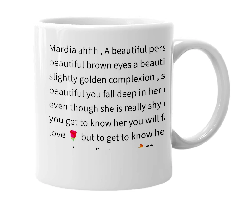 White mug with the definition of 'mardia'