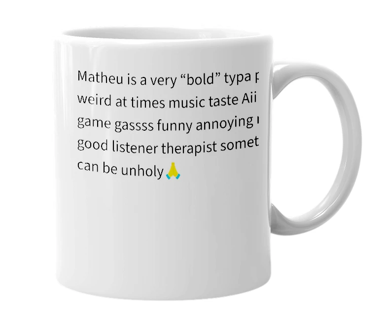 White mug with the definition of 'Matheu'
