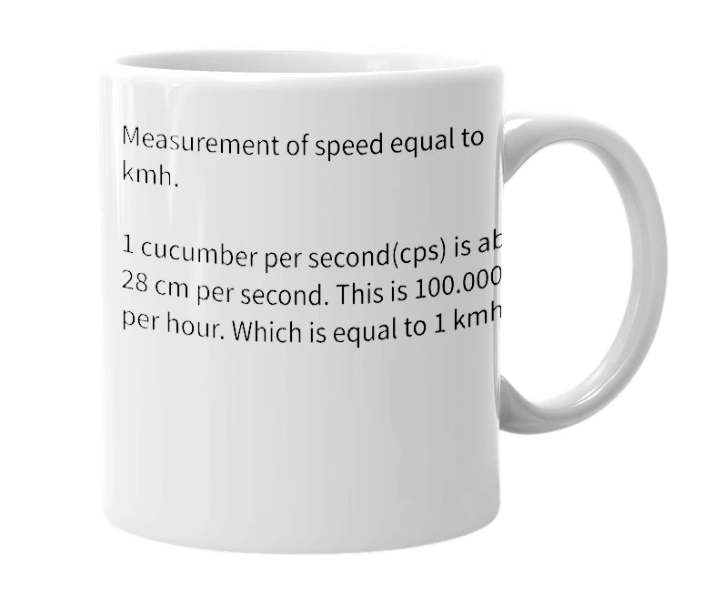 White mug with the definition of 'Cucumbers per second'