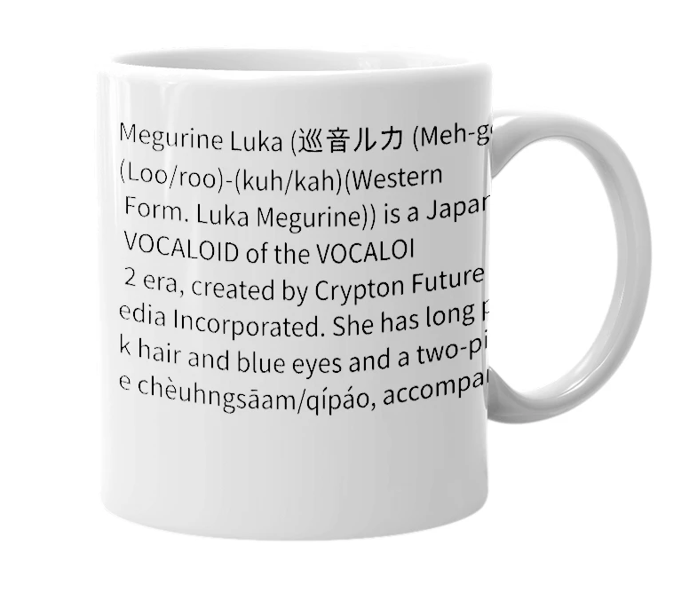 White mug with the definition of 'Megurine Luka'