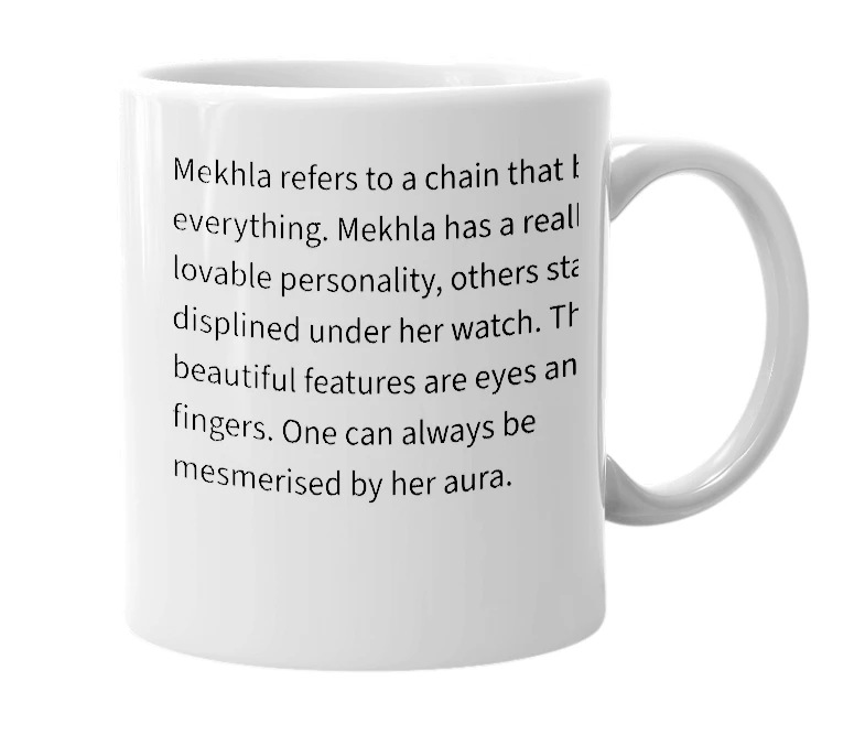 White mug with the definition of 'mekhla'
