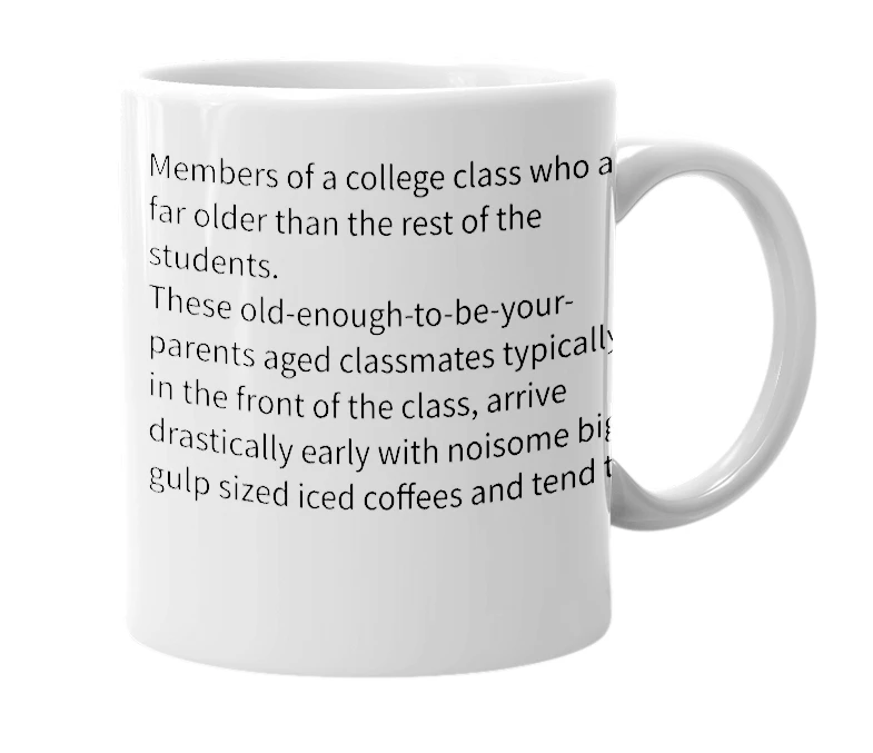White mug with the definition of 'adult learner'