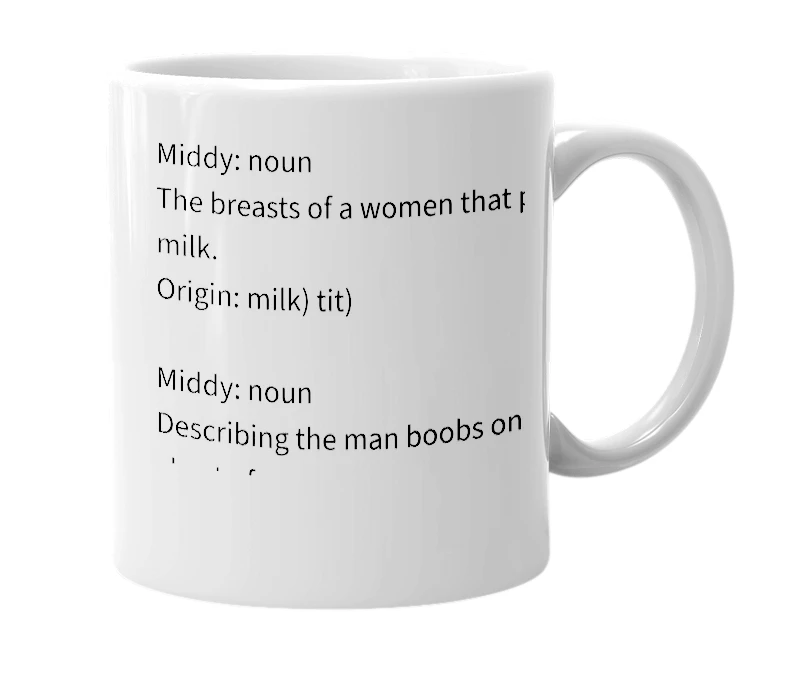 White mug with the definition of 'middy'