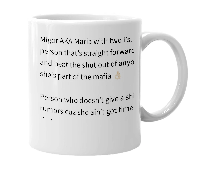 White mug with the definition of 'Migor'