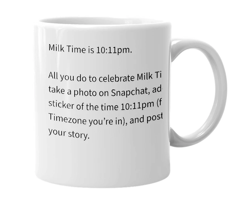 White mug with the definition of 'Milk Time'
