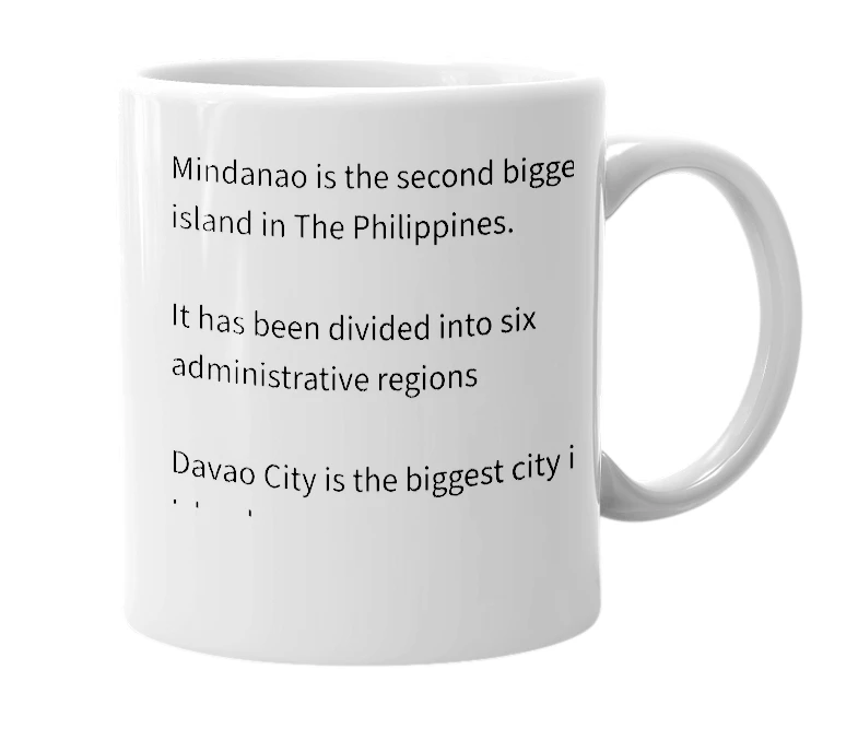 White mug with the definition of 'Mindanao'