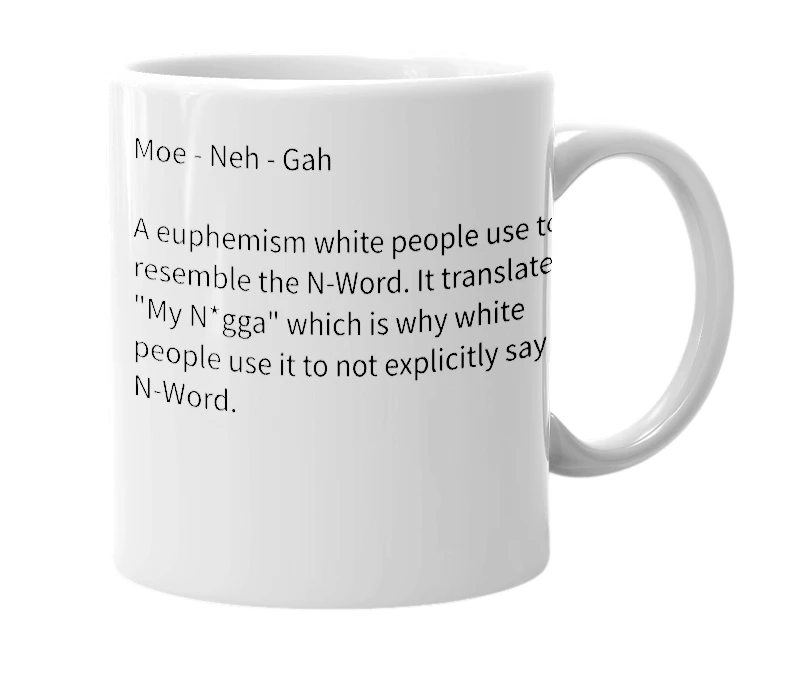 White mug with the definition of 'Monega'