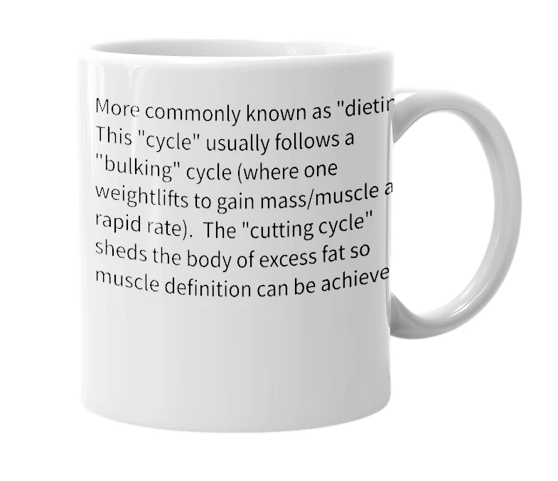 White mug with the definition of 'cutting cycle'
