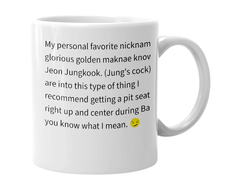 White mug with the definition of 'Jungcock'