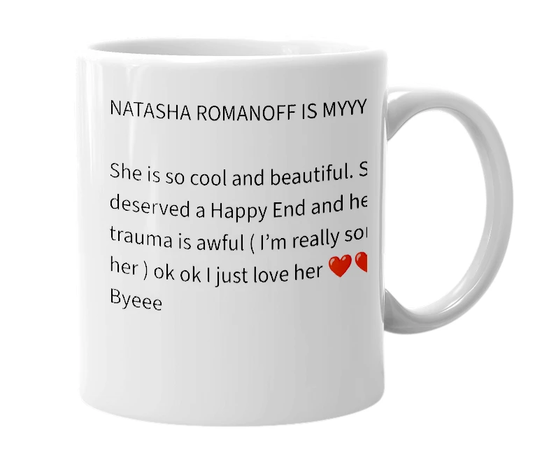 White mug with the definition of 'Natasha romanoff'