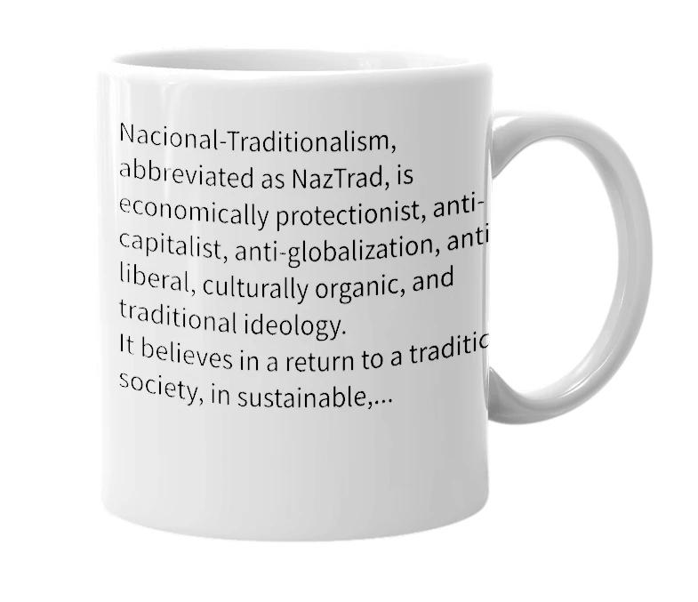 White mug with the definition of 'national-traditionalism'