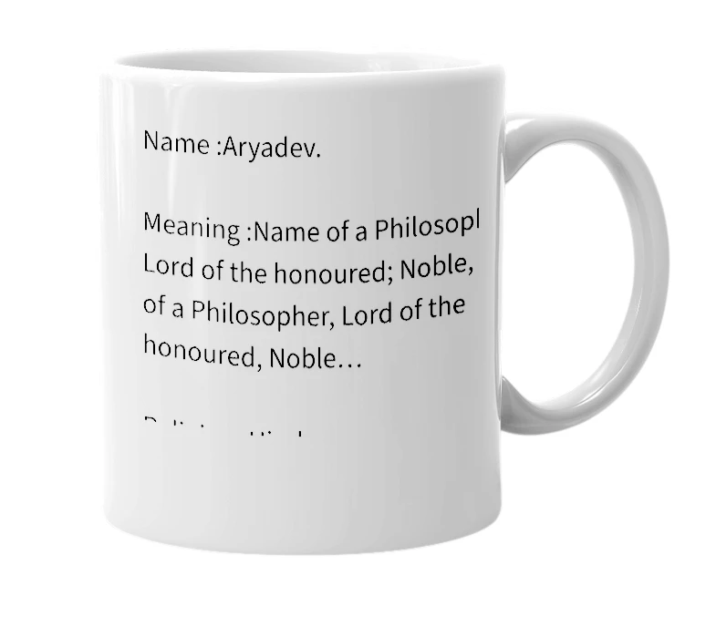 White mug with the definition of 'aryadev'