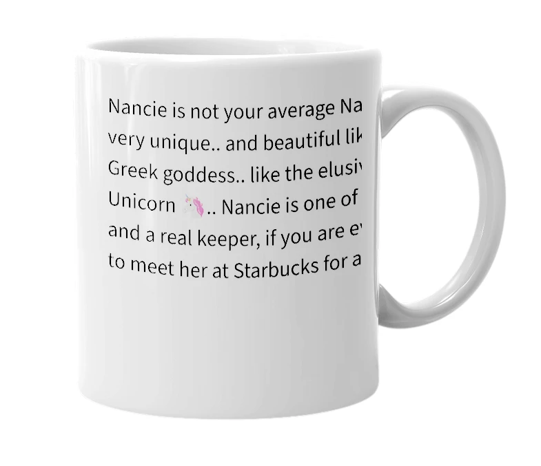 White mug with the definition of 'Nancie'
