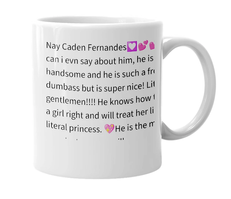 White mug with the definition of 'nay caden fernandes'
