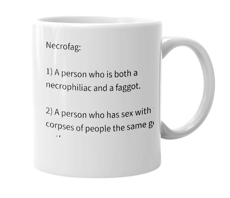 White mug with the definition of 'necrofag'