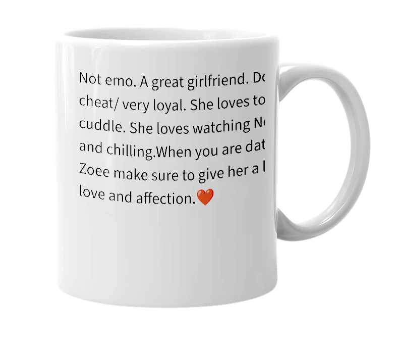 White mug with the definition of 'Zoee'