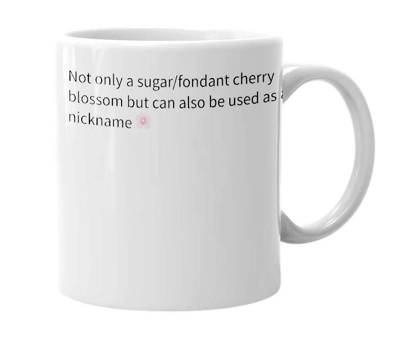 White mug with the definition of 'Sugar Blossom'