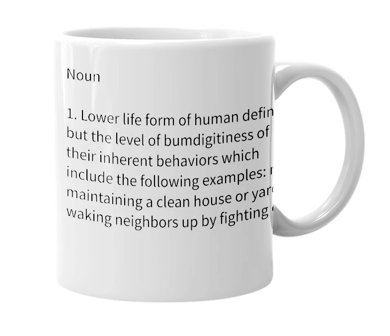 White mug with the definition of 'Bumdiggity'