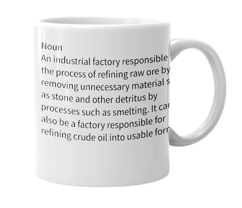 White mug with the definition of 'Refinery'