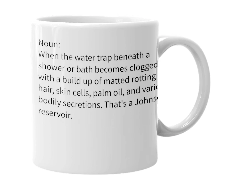 White mug with the definition of 'Johnson reservoir'