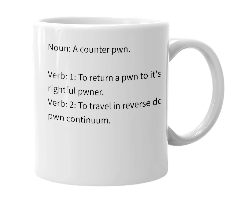 White mug with the definition of 'pwn-back'