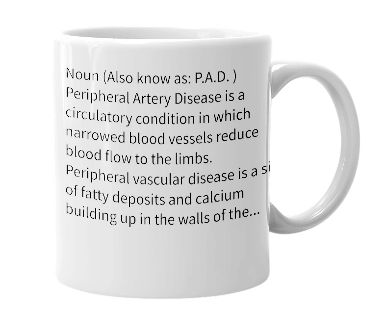 White mug with the definition of 'Peripheral Artery Disease'