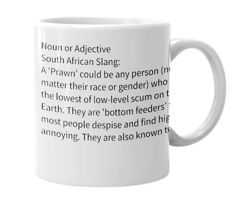 White mug with the definition of 'prawn'