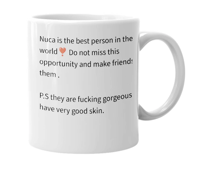White mug with the definition of 'Nuca'