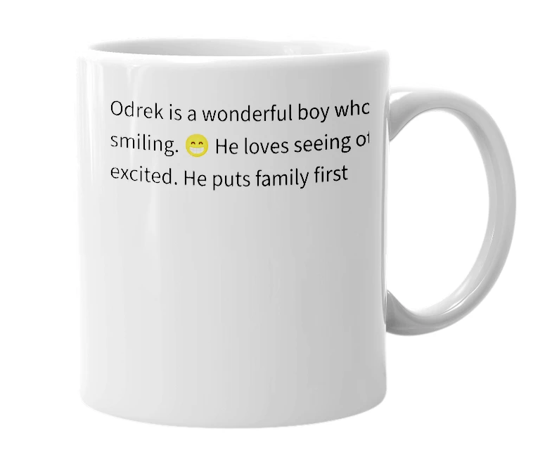 White mug with the definition of 'odrek'