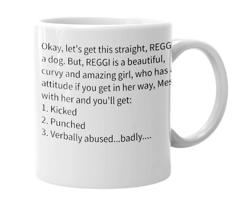 White mug with the definition of 'reggi'