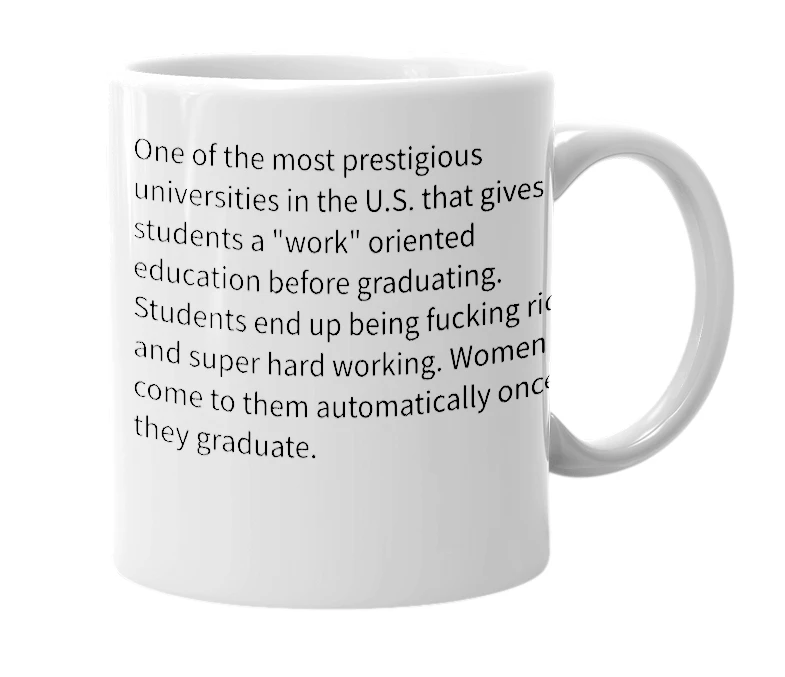 White mug with the definition of 'Northeastern University'