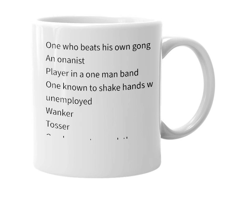 White mug with the definition of 'gong-beater'