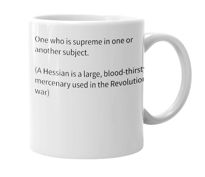 White mug with the definition of 'Hessian'