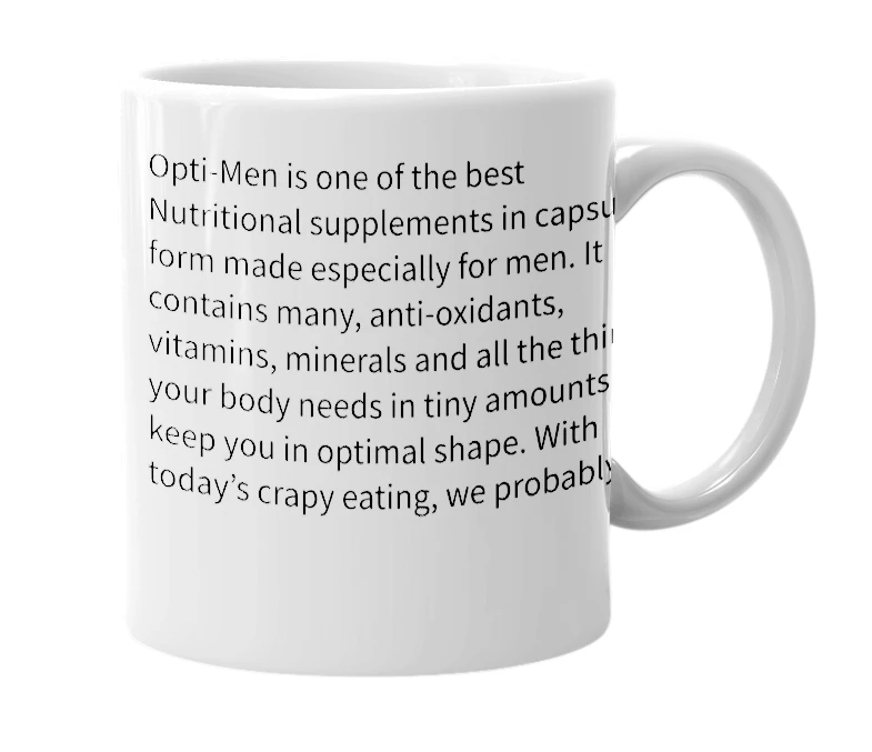 White mug with the definition of 'Opti-Men'