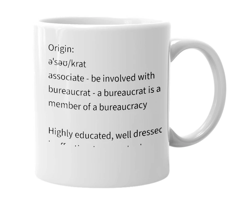 White mug with the definition of 'associacrat'
